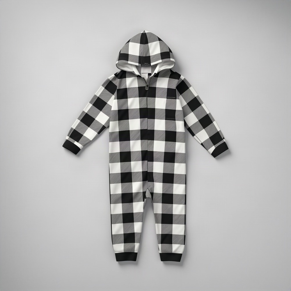 PJ Place Kids XL 14 Buffalo Check Fleece Hooded One Piece Pajamas Black White